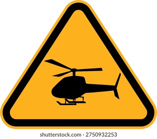 Helicopter warning sign with a helicopter silhouette inside a triangular caution frame. Vector safety symbol indicating helicopter activity areas such as helipads, aviation zones, or emergency landing sites