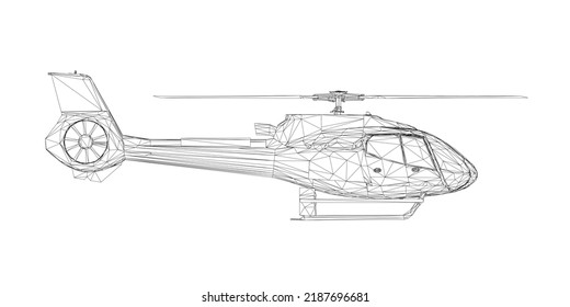 Helicopter wireframe from black lines isolated on white background. Side view. 3D. Vector illustration.