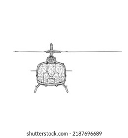 Helicopter wireframe from black lines isolated on white background. Front view. 3D. Vector illustration.