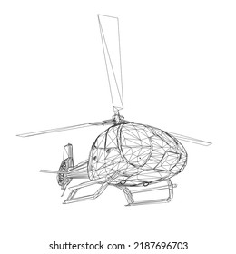 Helicóptero de alambre de líneas negras aislado en fondo blanco. Vista de perspectiva. 3 D. Ilustración vectorial.