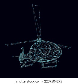 Helicopter wireframe made of blue lines with glowing lights isolated on a dark background. Perspective view. 3D. Vector illustration.