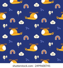 Helicopter yellow cartoon so cute. On cloud rainbow tree blue background. Pattern seamless vector illustration. 
