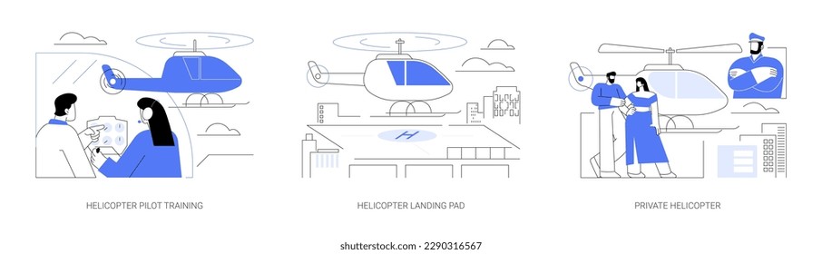 Helicopters for business or private use abstract concept vector illustration set. Helicopter pilot training with instructor, copter landing pad, helipad area, private copter abstract metaphor.