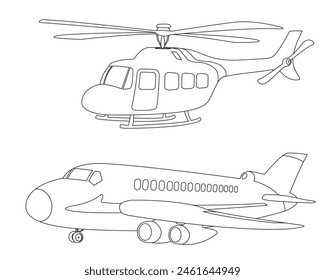 Helicopters and commercial aircraft cartoon vector outline stroke