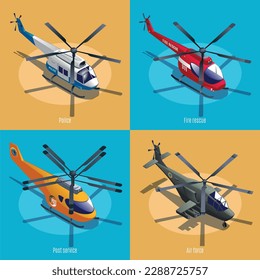 Helicopters different services 2X2, police, fire rescue, post, air force, vector illustration isometric icons on isolated background