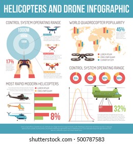 Helicopters and drone infographics layout with copters technical parameters and information about most rapid modern models flat vector illustration  