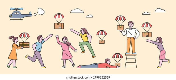 Helicopters are dropping delivery boxes from the air. People are holding parachutes and falling boxes. flat design style minimal vector illustration.