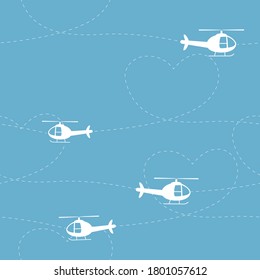 Helicopters fly vector seamless pattern with hearts. Blue background