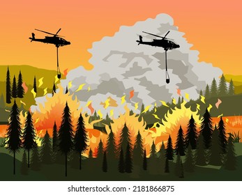 Helicopters are operating to extinguish a burning forest fire with mountains and orange skies in the background.