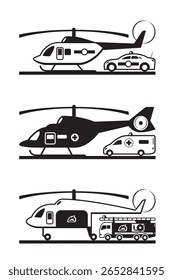 Helicópteros com carro de polícia, ônibus de ambulância e caminhão de bombeiros - ilustração vetorial