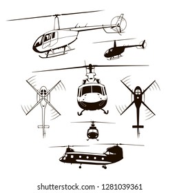 helicopters, set, vector illustration, icon, symbol, monogram, isolated, silhouette