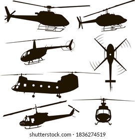 helicopters, silhouette, set four models, vector illustration, icon symbol monogram isolated