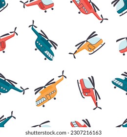 Helicopters of three types seamless pattern.Flying cars with propellers and landing gear.Colorful objects are arranged randomly on a white background.Print on fabric and paper.Vector  illustration.