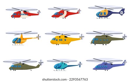 Hubschrauber verschiedener Art für spezielle Aufgaben. Rettungshubschrauber, zivile, militärische Flughubschrauber. Beförderung von Personen auf dem Luftweg. Vektorgrafik