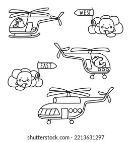 Helicopters,pilot dogs and clouds with pointers West,East in graphic style.Set of vector objects drawn by black color line and isolated on white background.Coloring page for children.