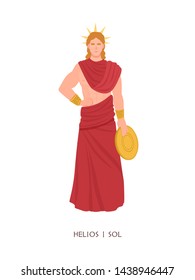 Helios or Sol - Olympian god or deity of Sun in Greek and Roman religion and mythology. Male character wearing radiant solar crown isolated on white background. Flat cartoon vector illustration.