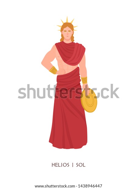 Helios or Sol - Olympian god or deity of Sun in Greek and Roman religion and mythology. Male character wearing radiant solar crown isolated on white background. Flat cartoon vector illustration.