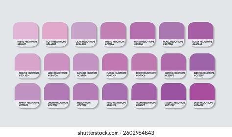 Heliotrope Purple Color Guide Palette with color Names. Catalog Samples Heliotrope Purple with RGB codes and Names. Plastic Purple Colors Palette Vector, Purple Color Palette, Heliotrope Color Palette