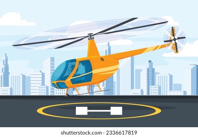 A helipad for landing helicopters on a skyscraper in the middle of the city. Transport for transporting people by air. Vector illustration