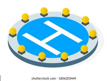 Helipad zone with lamps for helicopter or drone, flight and landing pad, isolated icon at white. Place for landing helicopters or other air vehicle. Circle zone with H letter. Flat vector icon