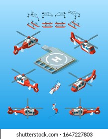 Helipads. Helicopter isometric vector civil aviation set urban transport