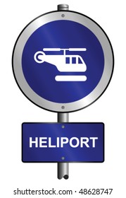 Heliport graphic and text information sign mounted on post