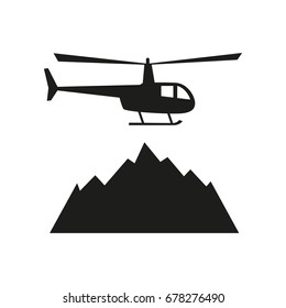 Heliskiing flat icon with helicopter and mountains. Design for tourist catalog, maps of the ski slopes, placard, brochure, flyer, booklet. Vector illustration.