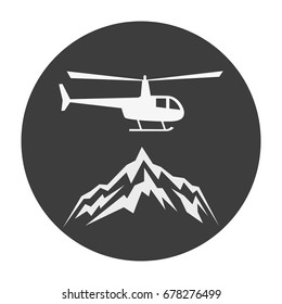 Heliskiing flat icon with helicopter and mountains. Design for tourist catalog, maps of the ski slopes, placard, brochure, flyer, booklet. Vector illustration.