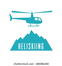 Heliskiing flat icon with helicopter and mountains. Design for tourist catalog, maps of the ski slopes, placard, brochure, flyer, booklet. Vector illustration.