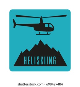 Heliskiing flat icon with helicopter and mountains. Design for tourist catalog, maps of the ski slopes, placard, brochure, flyer, booklet. Vector illustration.
