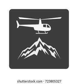 Heliskiing flat icon with helicopter and mountains. Design for tourist catalog, maps of the ski slopes, placard, brochure, flyer, booklet. Vector illustration.