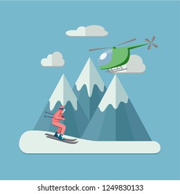 Heli-skiing flat illustration with helicopter, mountains and skier. File with clearly labeled layers for easy editing. EPS 10