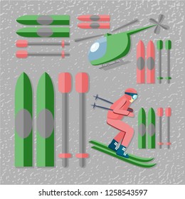 Heliskiing flat illustration with helicopter, mountains and skier. File with clearly labeled layers for easy editing. EPS 10