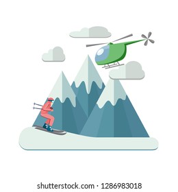 Heliskiing flat illustration with helicopter, mountains and skier. File with clearly labeled layers for easy editing. EPS 10