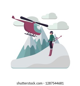 Heliskiing flat illustration with helicopter, mountains and skier. File with clearly labeled layers for easy editing. EPS 10