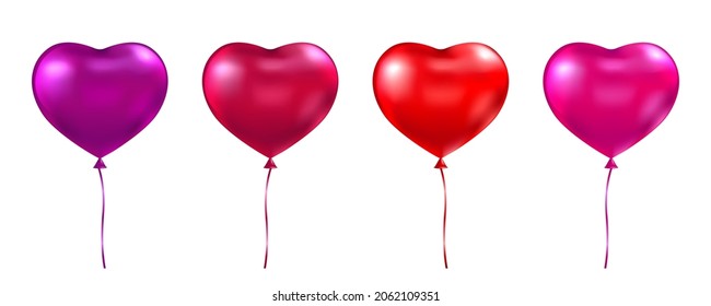 Helium 3d love ballon set. Heart balloon. Red and pink air baloon. Valentine day background. Anniversary celebration party. Happy Birthday design element. Carnival decoration. Vector illustration.