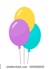 Helium air balloons on long thread vector illustration isolated on white background. Three purple yellow blue balloons realistic design, blown objects