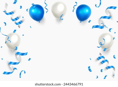 Helium balloon and ribbons background. Luxury blue foil balloons with confetti in white background vector.