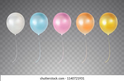 Helium balloon set isolated on transparent background. White, glossy blue, pink, bronze  and gold balloons. Vector illustration for Your design.