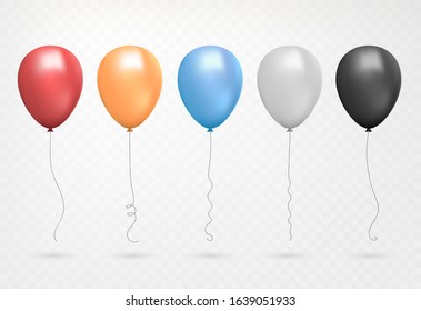 Helium balloon shine colored set. Flying Realistic Glossy Red, Blue, Grey, Yellow Balloons with ribbons. Vector