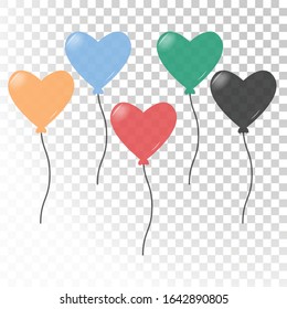 Helium balloon shine colored set. Flying Realistic Glossy Red, Blue, Green, Yellow Balloons with ribbons. Vector