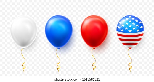 Helium balloons with American flag isolate on white background. Shine USA helium balloon festival decoration. Vector illustration.