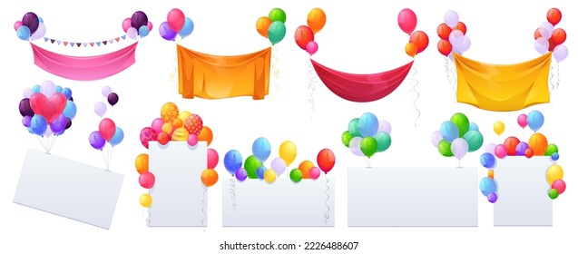 Helium balloons and banners isolated set. Multicolored decoration for holidays, store grand opening ceremony, birthday, wedding or party event on white background, Cartoon vector illustration