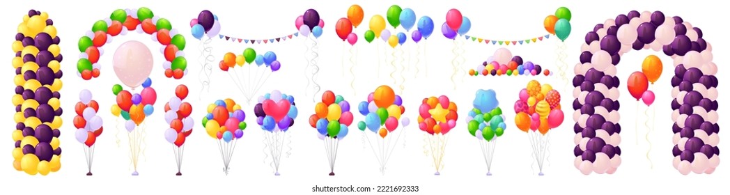 Helium balloons, bunch, arches and garlands isolated set. Multicolored decoration for holidays, store grand opening ceremony, birthday or party event on white background, Cartoon vector illustration