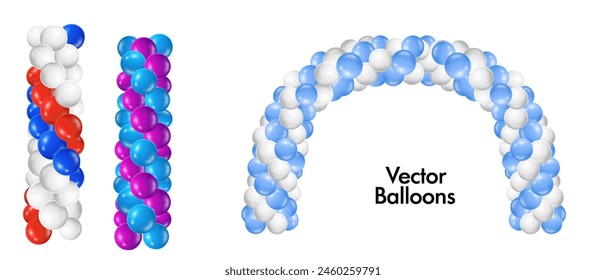 Helium balloons, bunch, arches and garlands isolated set. Multicolored decoration for holidays, store grand opening ceremony