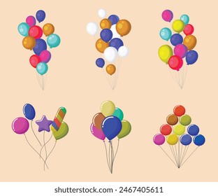 Helium balloons, bunch, arches and garlands isolated set. Multicolored decoration for holidays, store grand opening ceremony, birthday or party event on white background, Cartoon vector illustration