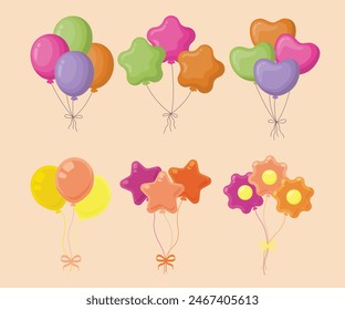 Helium balloons, bunch, arches and garlands isolated set. Multicolored decoration for holidays, store grand opening ceremony, birthday or party event on white background, Cartoon vector illustration