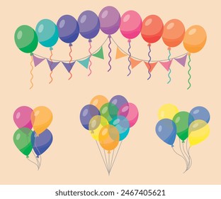 Helium balloons, bunch, arches and garlands isolated set. Multicolored decoration for holidays, store grand opening ceremony, birthday or party event on white background, Cartoon vector illustration