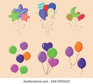 Helium balloons, bunch, arches and garlands isolated set. Multicolored decoration for holidays, store grand opening ceremony, birthday or party event on white background, Cartoon vector illustration