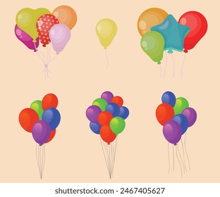 Helium balloons, bunch, arches and garlands isolated set. Multicolored decoration for holidays, store grand opening ceremony, birthday or party event on white background, Cartoon vector illustration